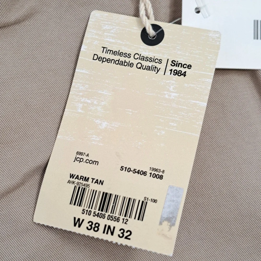 St. John's Bay Authentic Chino Pants Mens 38x32 Cotton Tan Solid Straight Fit